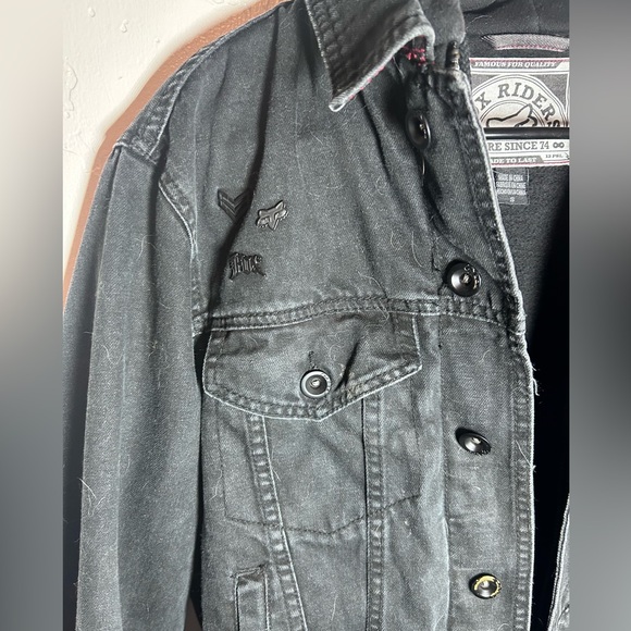 Fox Riders Denim Jean Mx Motorcycle Biker Black Hood Trucker Jacket Size Small - Picture 3 of 14